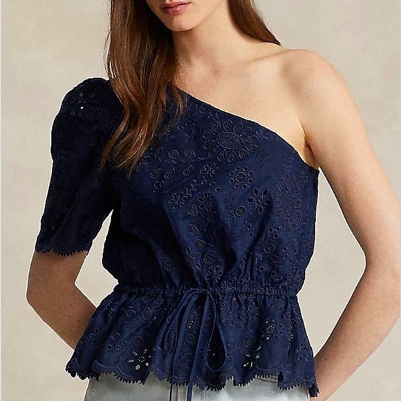 Polo Ralph Lauren One-Shoulder Eyelet Linen Top in Navy Blue✨ - Picture 1 of 11